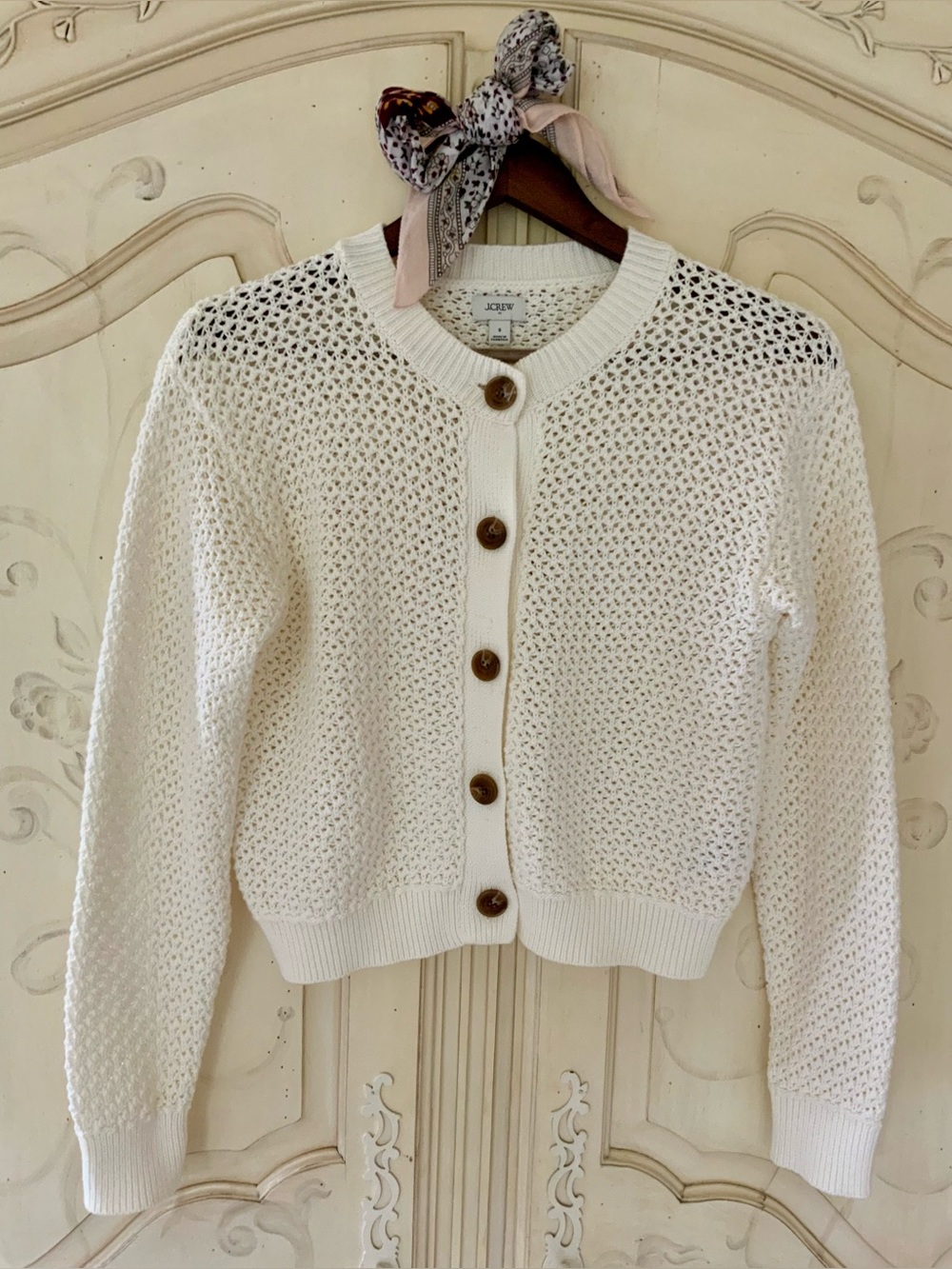 J. Crew White Open-Weave Button Front Cardigan NWOT
